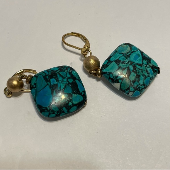 Faux Turquoise Drop Earrings Square Lever Back. - Picture 13 of 13